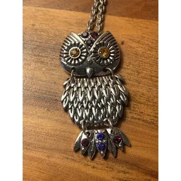 Owl Necklace Articulated Silver Tone Gold Eyes And Other Gems 2