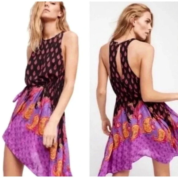 Free People Rendezvous Tank Slip Dress Women Large Black Purple Paisley OB646297