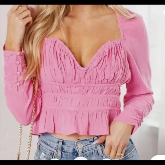 Free People Chloe aurora pink ballon sleeve peplum crop top Sz M? Sz tag missing