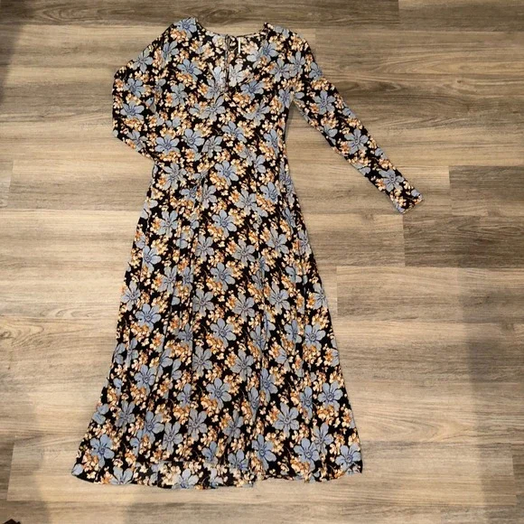 Free People Women's‎ Black Blue Floral Midi Dress Size 8 Medium Slit
