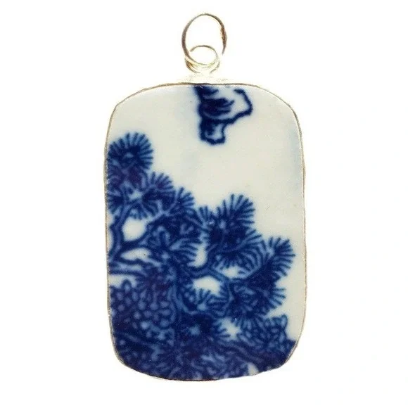 Vintage Blue & White Bonsai Tree Pottery Shard Pendant Chinoiserie Focal Jewelry