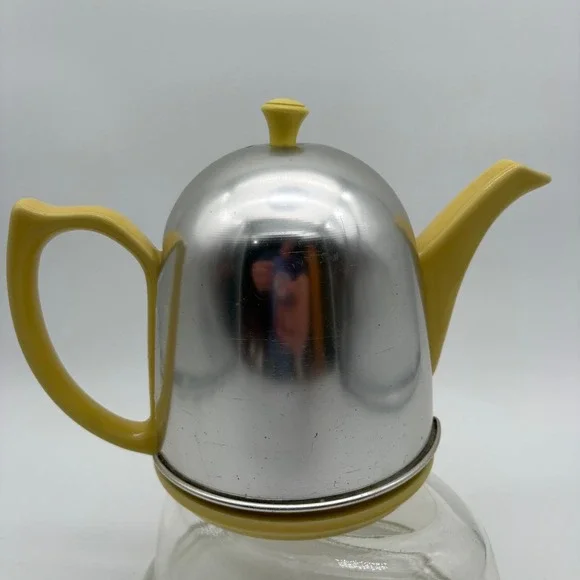 Vintage Hall China Yellow Teapot with Insulated Chrome Aluminum Cozy Made in USA