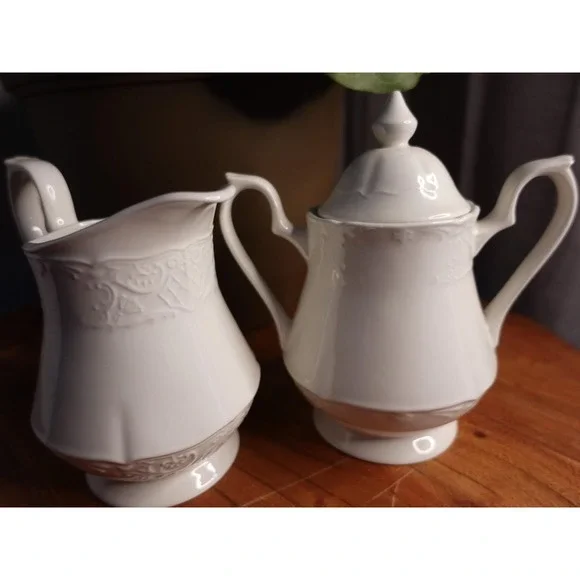 Vintage Creamer and Sugar Bowl Set Made in England‎ Embossed Porcelain