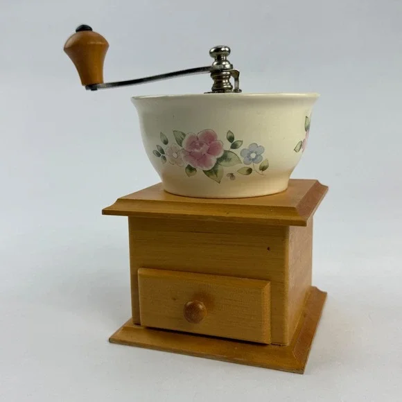 Vintage Style Floral Ceramic and Wood Manual Coffee Grinder Hand Crank Mill