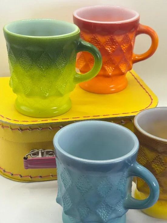Vintage Fire King Kimberly Diamond Milk Glass Mugs Set of 4 Ombre Anchor Hocking