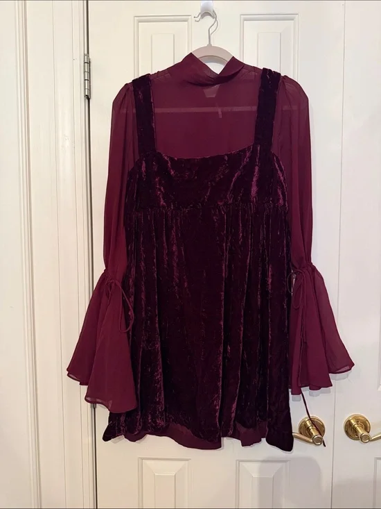 Free People Counting Stars Plum Purple Velvet Long Sleeve Babydoll Dress Size M