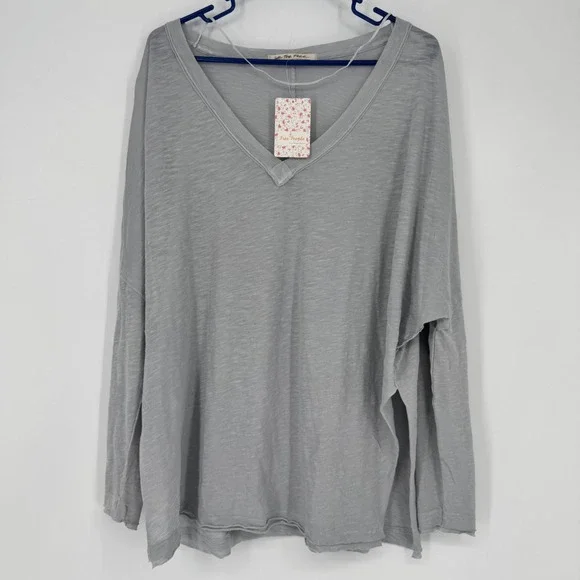Free People‎ We The Free Slub Knit V-Neck Top Gray Ice Crystal XS NWT
