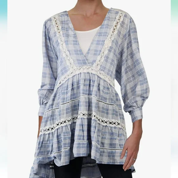 Free People Women's Blue Chambray Time Out Eyelet‎ 3/4 Sleeves Tunic Size XS