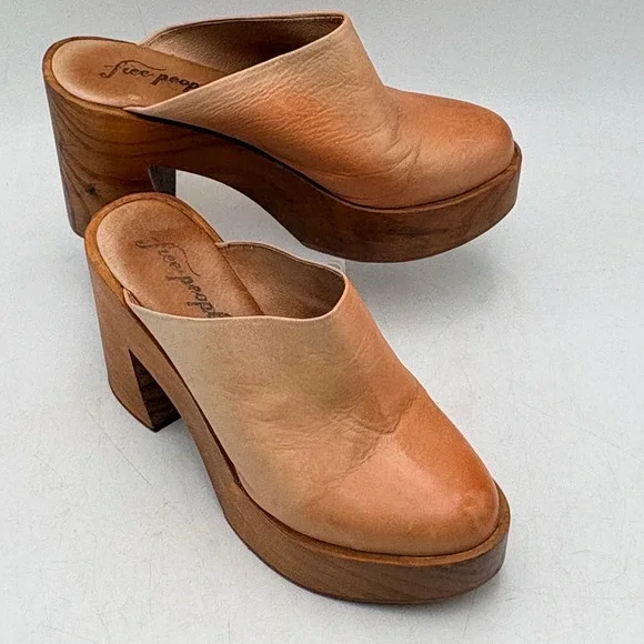 Free People Leather Platform Clog Mules Women 6.5 Tan Wood Block Heel EUR 36.5