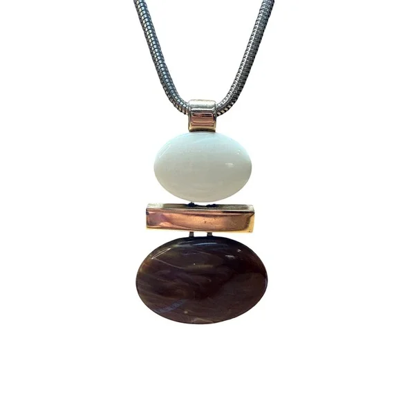 Avon Pendant Necklace Gold Tone Brown Cream Geometric Mid Century‎ Modern