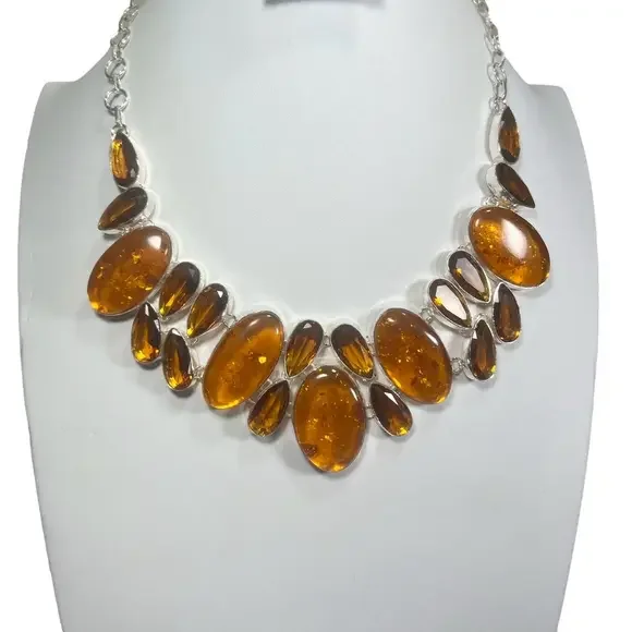 Amber Honey Citrine 925 Synthetic Stones Large Necklace