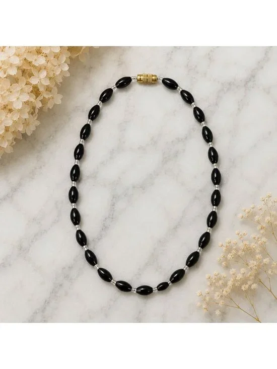 Vintage 1960s Black Glass Bead Necklace Made in‎ India New Old Stock Never Worn