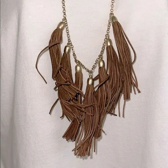 Long Brown Leather Tassel‎ Statement Necklace with Gold Tone Chain