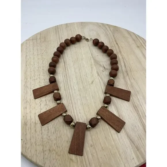 Necklace Brown Wood‎ Beaded Rectangle Pendant Statement 22 In Lobster Womens
