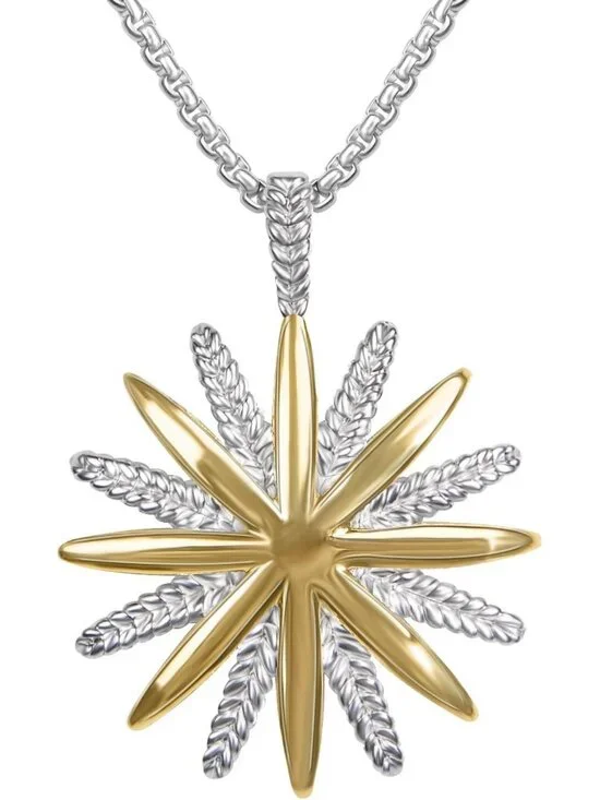 18K Gold Plated Two Tone Wheat Chain Necklace with Starburst Sunflower Pendant