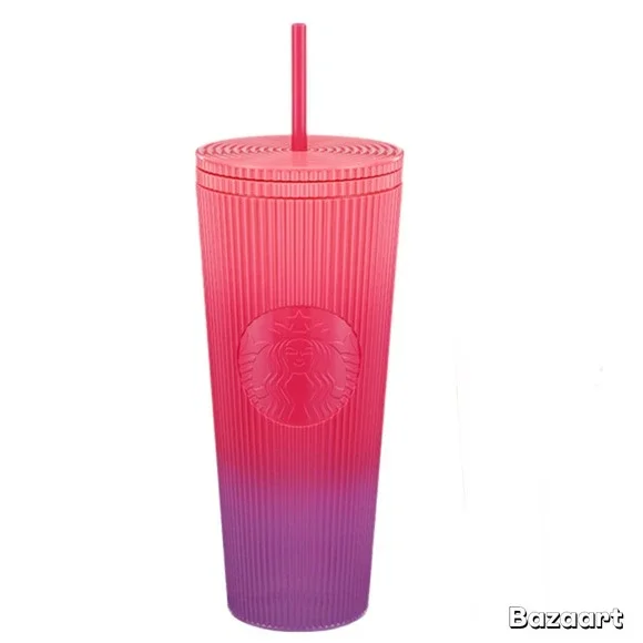 New Starbucks‎ Sunset Pleated Cold Cup Tumbler with Straw & lid 24oz pink purple