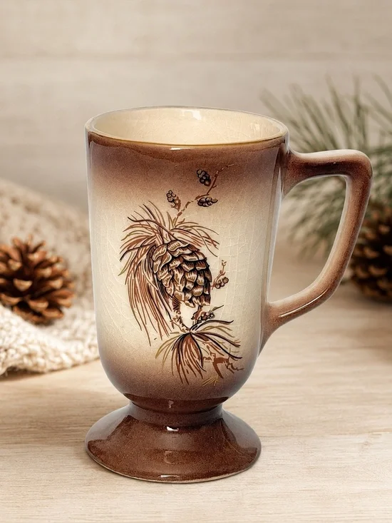 Pinecone Pedestal Mug Brown Cream Crackle Glaze Cabin Cottagecore Cup