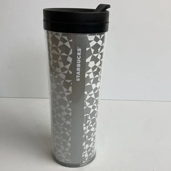 Starbucks Tumbler Silver White Geometric 16oz Holiday Christmas New Years Travel
