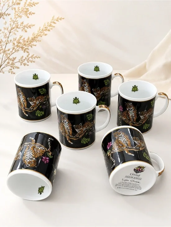 Lynn Chase “Jaguar Jungle” Porcelain Mugs – Set of 6 – Brand New