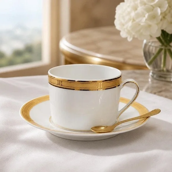 Porcelain Tea Coffee Cup and Saucer, Bernardaud Limoges Roulette Pattern
