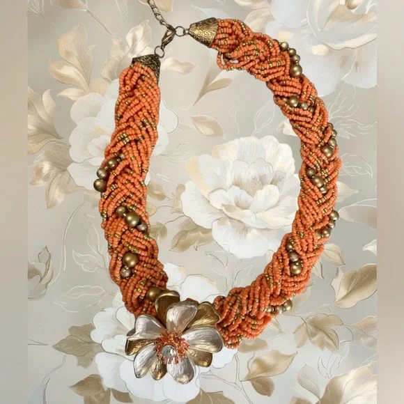 #764 Orange Beaded Statement Flower Necklace | Signed ✴️ Chunky Funky‎ & Bold ✴️