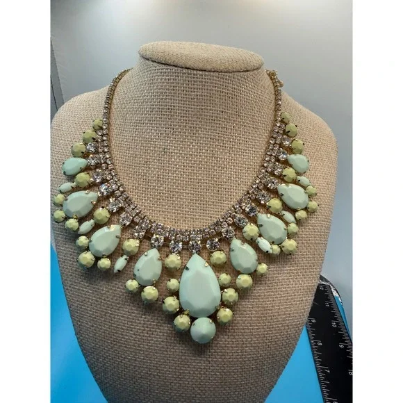 Mint Green Yellow Statement Bib Necklace Gold Tone Rhinestone‎ Crystal Chunky
