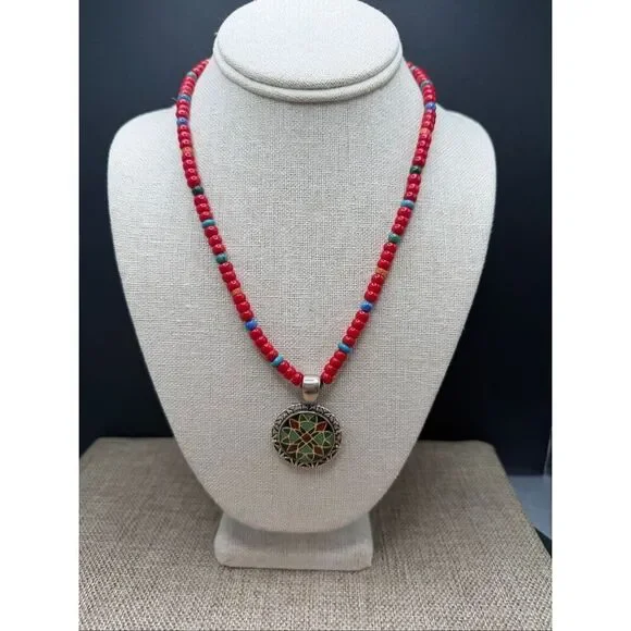 Sterling Silver Mosaic Pendant Necklace on Red Beaded Strand – Boho Artisan Styl