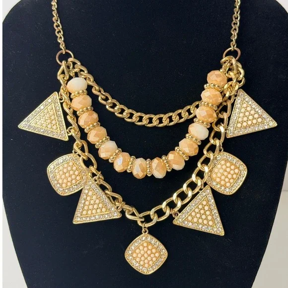 Gold‎ Tone Peach Geometric Bib Statement Necklace Faux Pearl Rhinestone Tiered