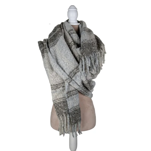 Free People Brushed Plaid Oversize Scarf Green Beige Soft Preppy Cozy