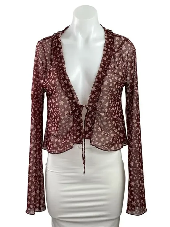 Free People Marne Purple Mesh Sheer Star Ruffles Long Sleeve Crop Cardigan Top M
