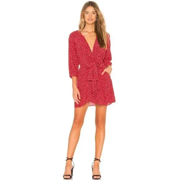 Free People Clara Tie Tunic Dress‎ size S Red Ditsy Floral Red Wrap Mini Peasant