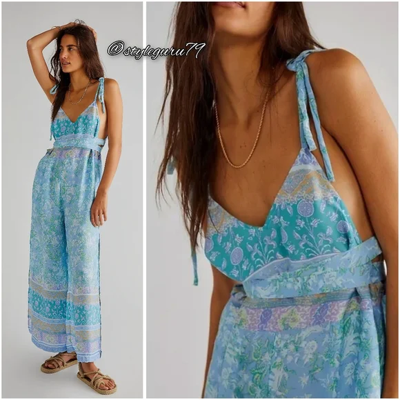 Free People, Leona Tie Shoulder Jumpsuit In Blue