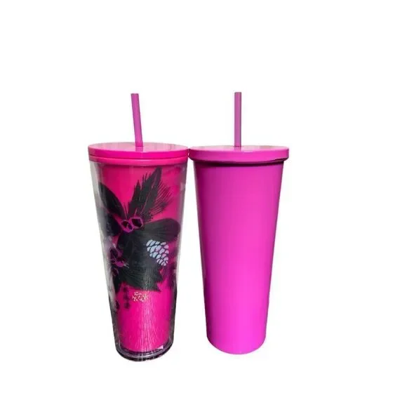Starbucks Barbie Hot Pink Pine Holiday Tumbler Set of 2 Tumblers