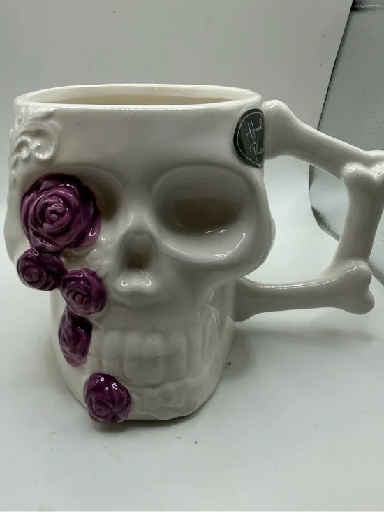 White Skull Mug with Purple Rose Accents