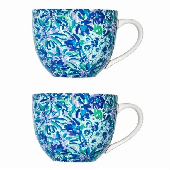 Lilly Pulitzer 12oz Ceramic Mugs Blue Floral Pair of 2