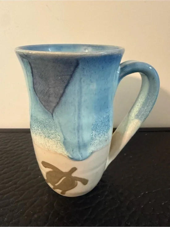 handmade Blue Ceramic Turtle Mug raised or painted sea turtle motif