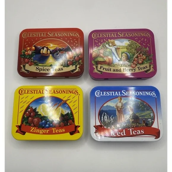 Vintage Celestial Seasonings Tea Tin Lot of 4 Mini Metal Advertising Tins