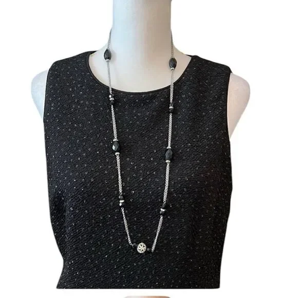 Chaps Double chain silver & black beaded necklace EUC