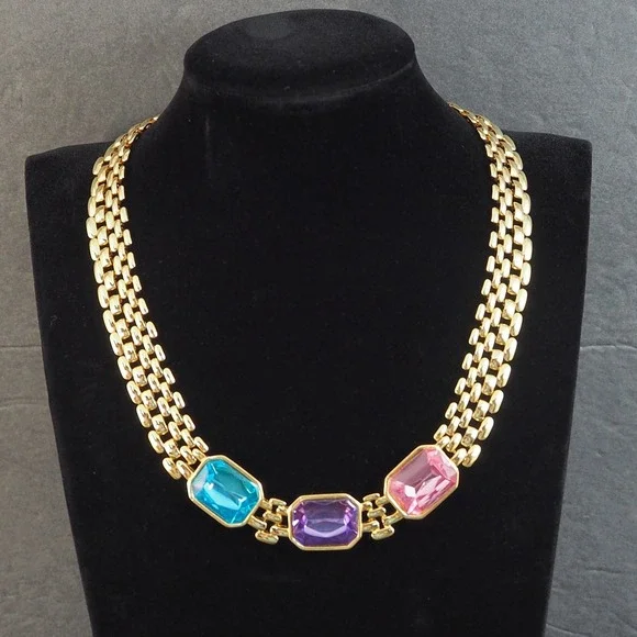 Trifari Panther Link Choker Necklace Pink Blue Purple Glass Gold Tone MCM VTG