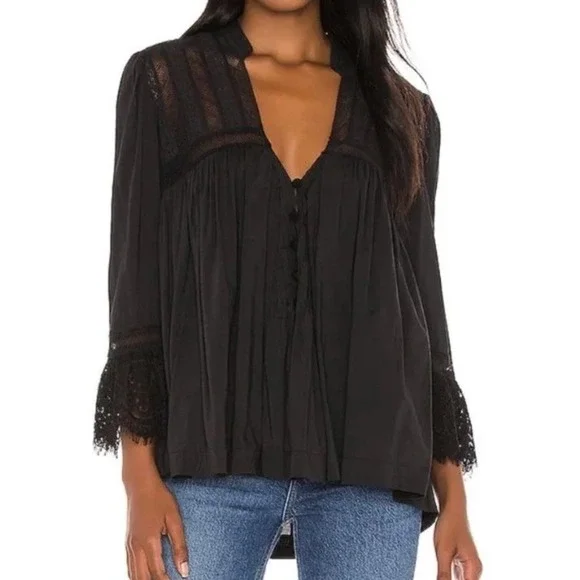 Free People Womens Esme Button Down Blouse Top Sz XS Black Long Sleeve‎ Lace