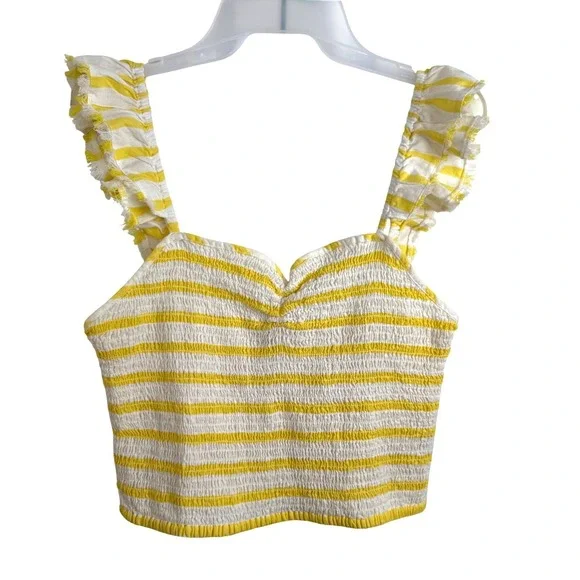 Free‎ People Yellow White Striped Smocked Crop Top Ruffle Cottagecore LG Boho