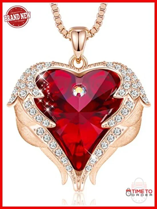 Angel Wings Heart Crystal Pendant Necklace with Cubic Zirconia