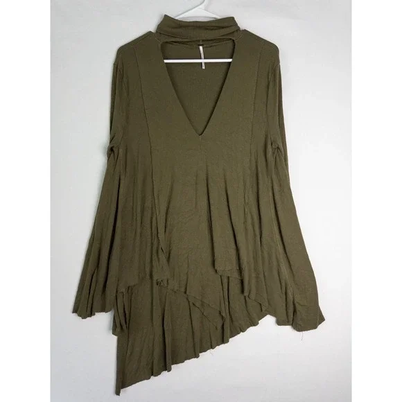 Free People Assymetrical Sweater Womens S‎ Green Knit Pullover Turtle Neck Rayon