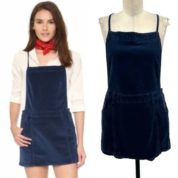 Free People Corduroy Overall Mini Dress Navy Blue Size 4‎