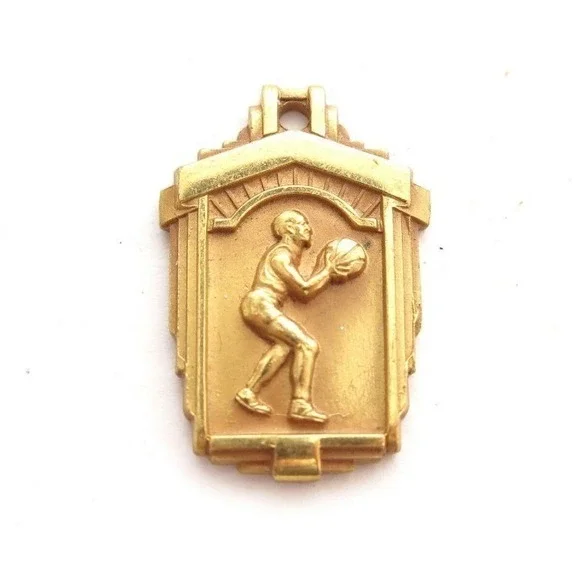 Vintage Gold Tone‎ Basketball Medal Charm Series T Art Deco Sports Pendant