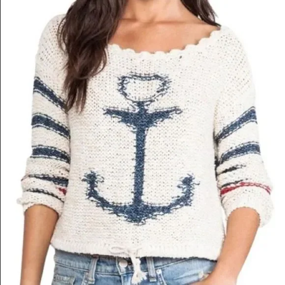 FREE PEOPLE Cream Anchor Intarsia Knit Sweater NWOT Size XS‎