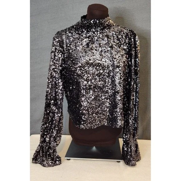 Free People‎ Moonstruck Black Sequin Open Back Top Womens Size Small Long Sleeve