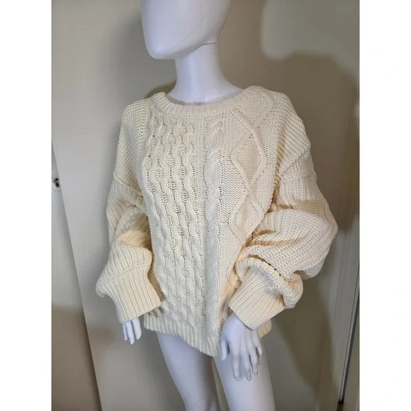 Free People Womens Cream‎ Cable Knit Oversized  Sweater Large OB1343351