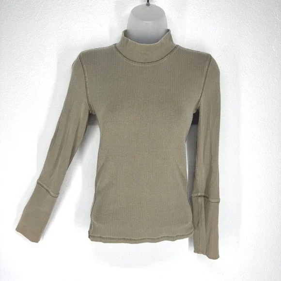 Intimately Free People Ribbed Mock Neck Long Sleeve Top Olive Green Small Boho