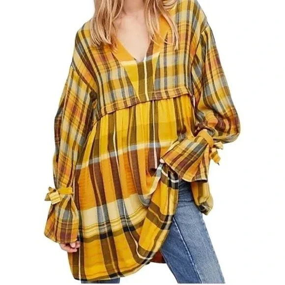 Free People Falling Stars Yellow Plaid Mini‎ Dress Size Small Bohemian Casual